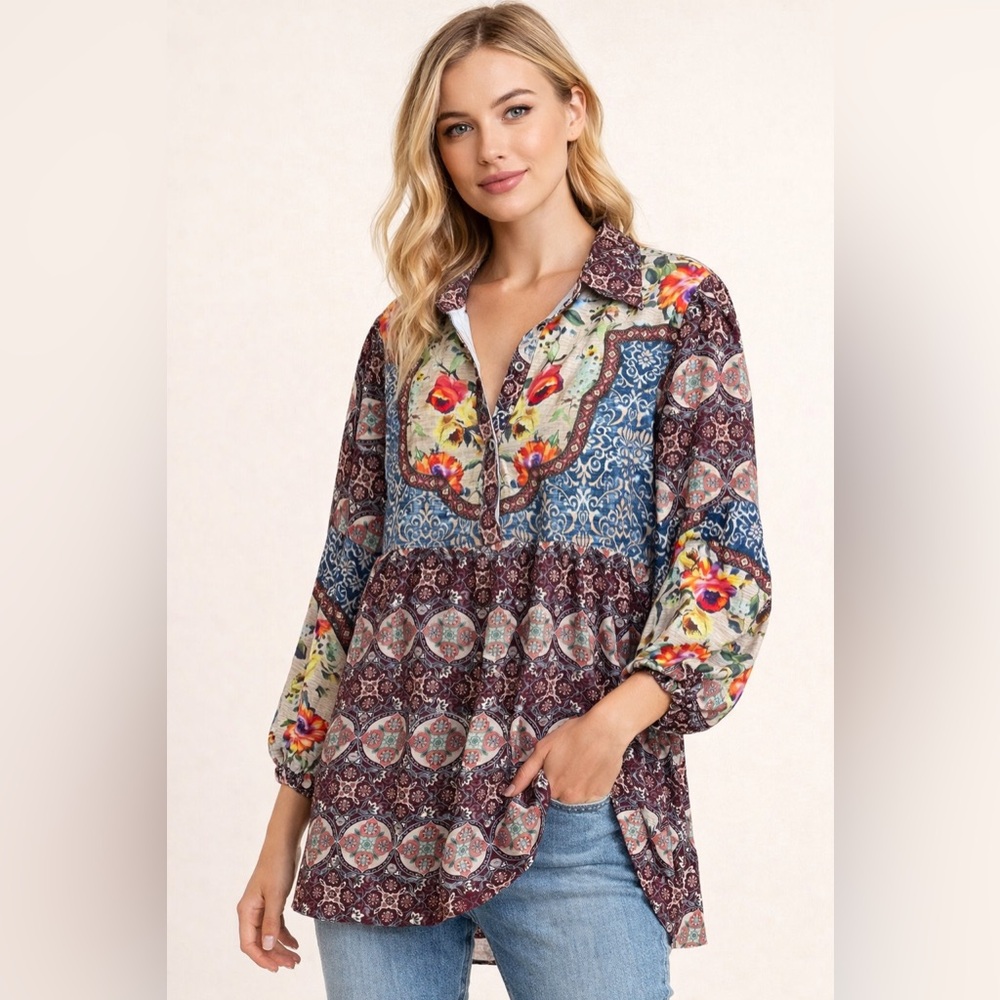 Umgee Multicolor Floral Patchwork Tunic Blouse